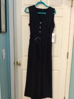 Calvin Klein Sleeveless V-Neck Navy Jumpsuit with Belt